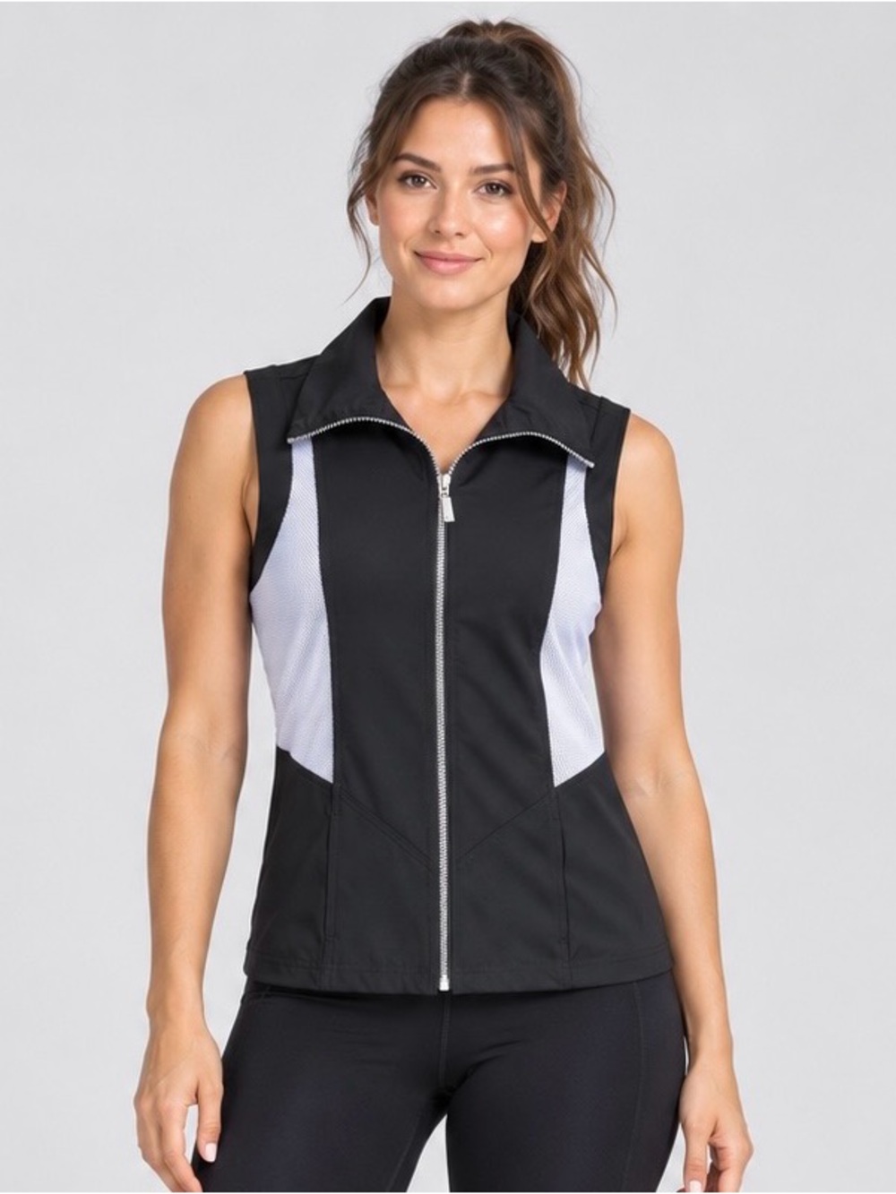 Chico's Black and White Zip-Front Sleeveless Active Top